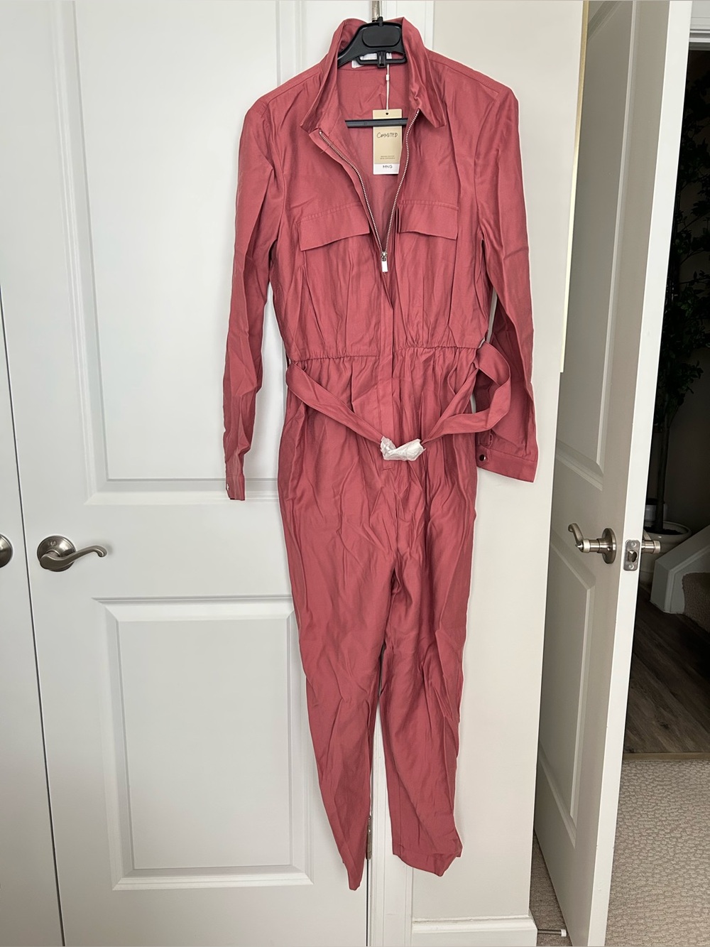 Mango Dusty Rose Long-Sleeve Utility Jumpsuit